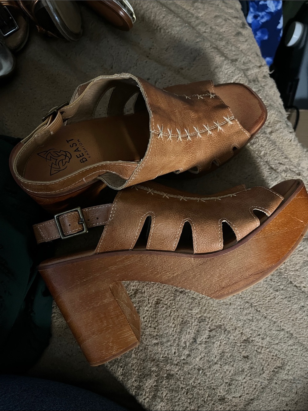 Beast Brown Leather Cutout and wooden Platform Sandals